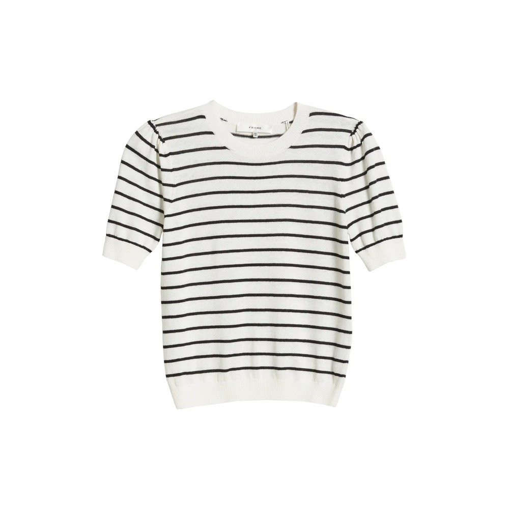 FRAME Gathered Striped SS Puff Sleeve Knit Sweater Cream Multi XS New With Tags